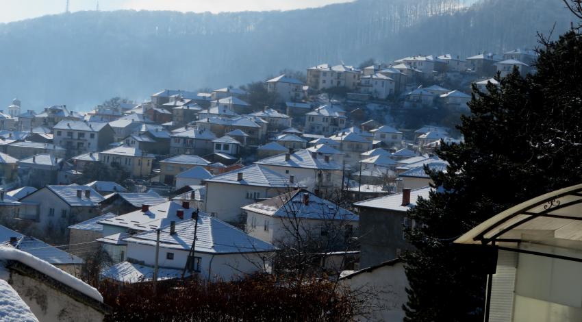 A morning look at the snowy town hillside from the upper slopes of Krusevo